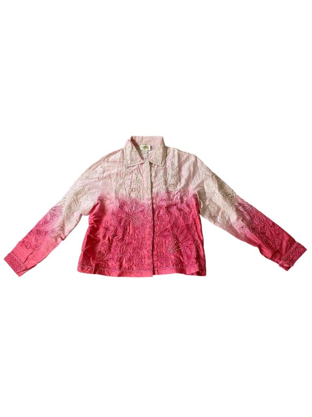 Sandy Starkman Pink Ombre Floral Embroidered 100% Silk Button-Down Shirt Large